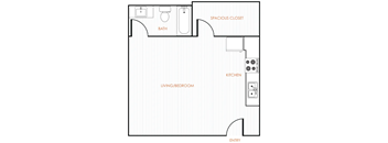 A white, black, and orange 2D floor plan of an apartment home.