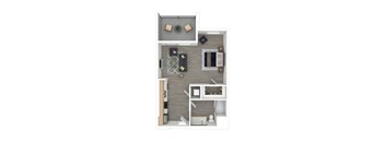 A top-down view of a small apartment with a kitchen, living room, and bathroom.