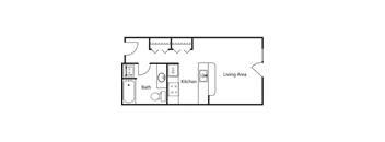 A floor plan of a studio apartment with a kitchen and bathroom.