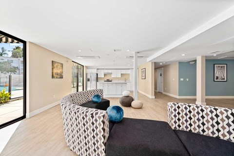 Clubhouse area with a couch and kitchen in the background.