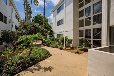 Exterior of Summerview with concrete pathway that leads through a landscaped courtyard between two of the community buildings.