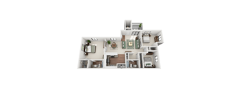 A 3D floor plan of a house with multiple rooms and furniture.