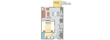 studio 1 bathroom Tiffani floor plan with 530 square feet.