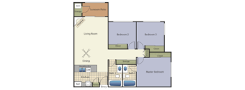 Three bedrooms two bathrooms apartment floorplan