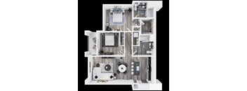 A 3D floor plan of the two bedroom two bathroom A apartment.