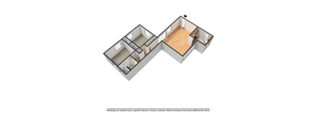 A 3D image of an apartment layout with a kitchen, living room, and two bedrooms.