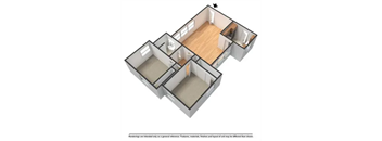 A 3D image of an apartment layout with a kitchen, living room, and two bedrooms.