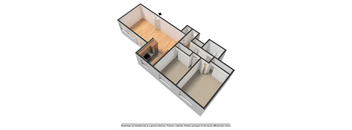 A 3D image of an apartment layout with a kitchen, living room, and two bedrooms.