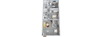Two bedrooms, two bathrooms floor plan rendering