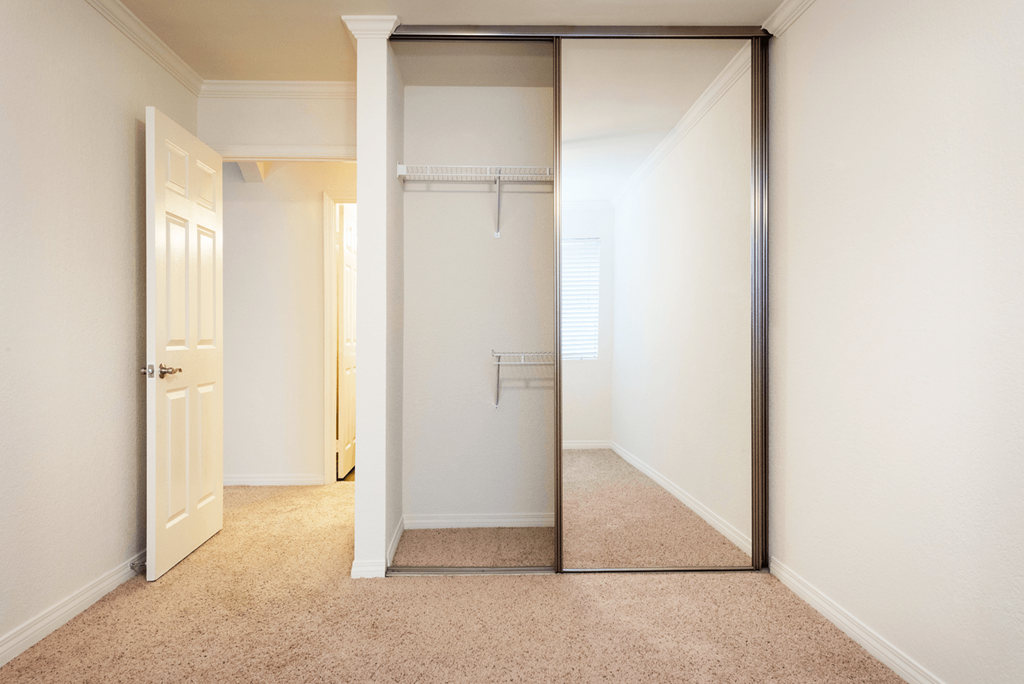 a mirrored closet door in a bedroom