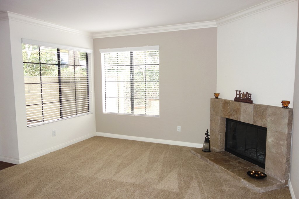 a living room with a fireplace and two windows