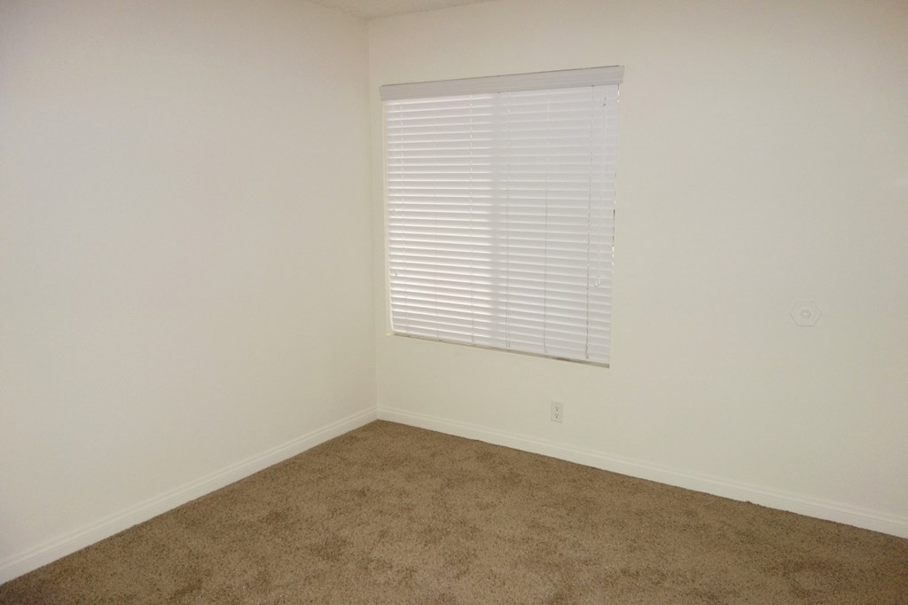 a room with a window and a carpeted floor