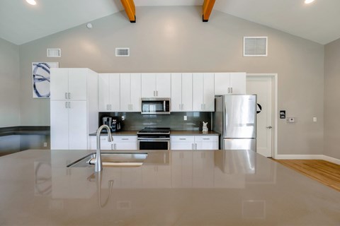 The kitchen in the resident clubhouse area with barstool seating and stainless steel appliances.