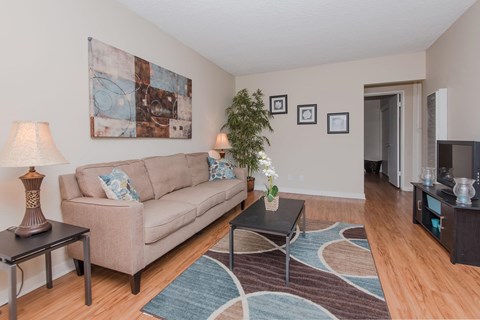 A living room with wood style flooring and beige walls. The room is staged with a couch, coffee table, a rug, and a lamp.