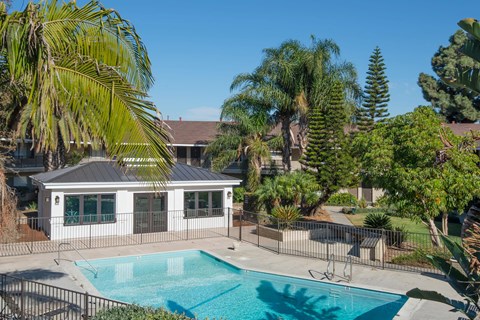 The gated pool area with trees and plants surrounding. The gym building is behind the fenced pool.