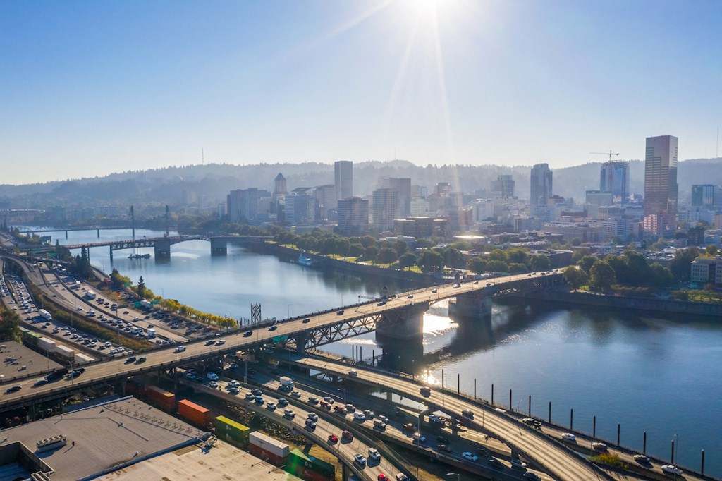 Daytime view of Burnside Bridge from Skylar Grand Apartments in Portland, Oregon