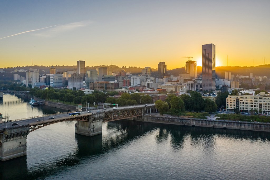 View of Burnside Bridge at sunset from Skylar Grand Apartments in Portland, Oregon