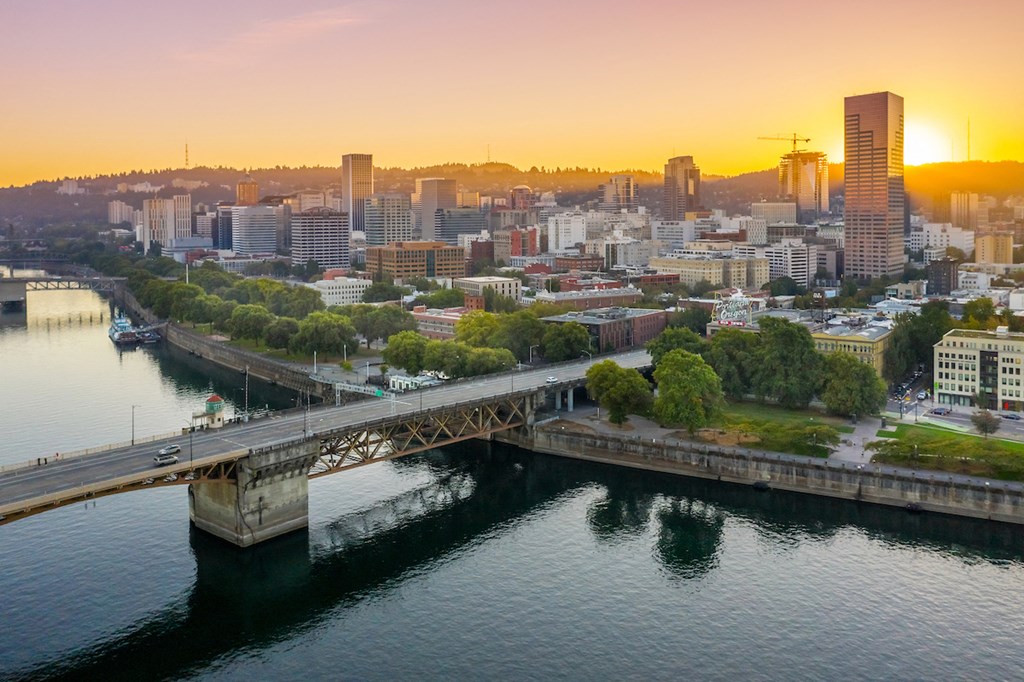 View of Burnside Bridge at sunset from Skylar Grand Apartments in Portland, Oregon