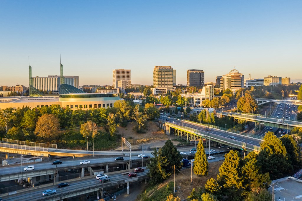View of Portland Convention Center at dusk from Skylar Grand Apartments in Portland, Oregon