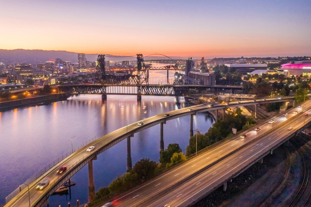 View of steel bridge and Moda Center from Skylar Grand Apartments in Portland, Oregon
