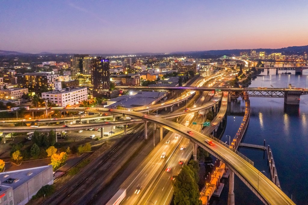 View to south at dusk from Skylar Grand Apartments in Portland, OR