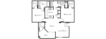 A black and white image of a house floor plan with a living room, two bedrooms, a kitchen, a dining area, a deck, and storage.