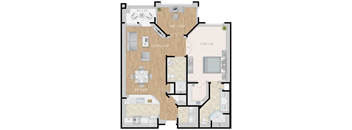 A colorized 2D floor plan of an apartment home.