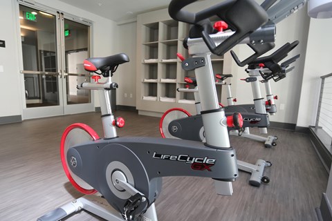 Three Lifecycle exercise bikes are lined up in the fitness center.