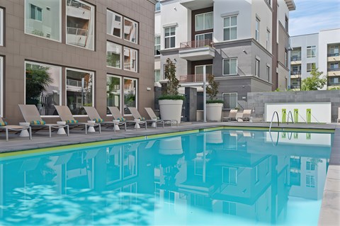 The large community swimming pool with lounge chairs surronding.
