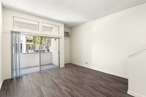 A living room with vinyl wood flooring, white walls, and a glass sliding glass door that leads to a patio.