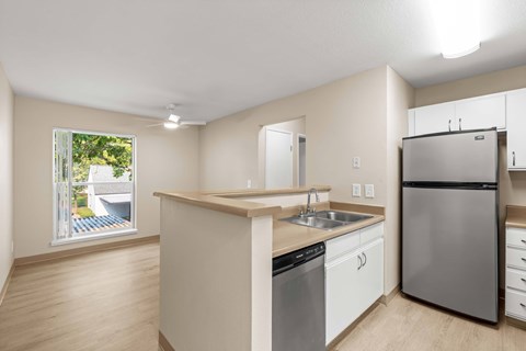 Kitchen with wood-style vinyl plank flooring and view to living room.