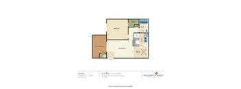 A floor plan for a property with a living room, patio, and bedrooms.