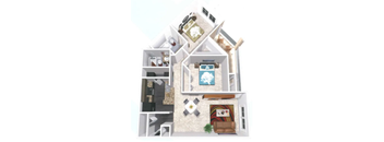 A 3D floor plan of a house with a living room, kitchen, and two bedrooms.