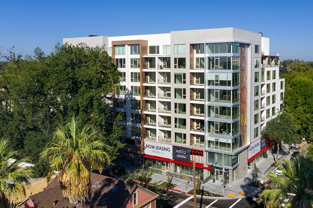 an aerial view of a building in a city