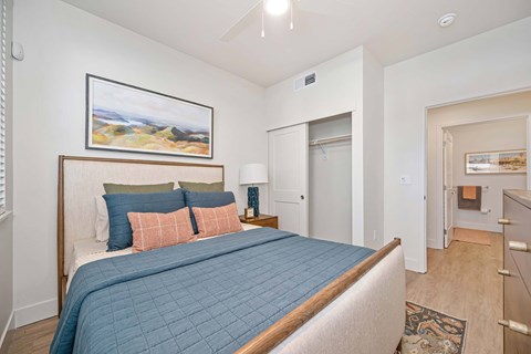 Bedroom with large bed and sliding door closet in the background.