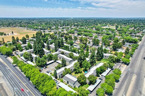 an aerial view of a neighborhood of houses and trees