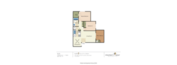 A floor plan for a duplex apartment with two bedrooms and one bathroom.
