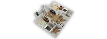 A 3D floor plan of a small apartment with a living room, kitchen, and bedroom.
