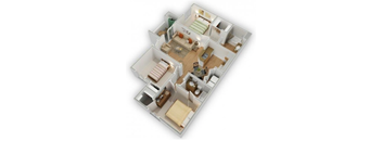 A 3D floor plan of a house with a kitchen, living room, and two bedrooms.
