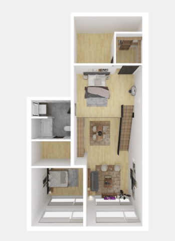 a bedroom with a bed and a mirror