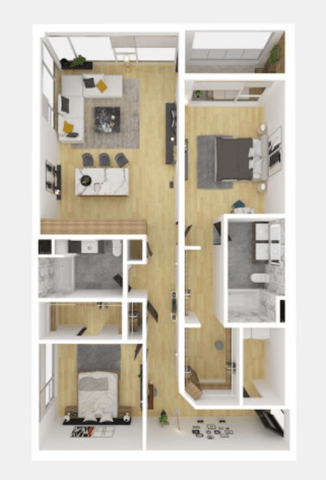 a bedroom with a bed and a chair in a room