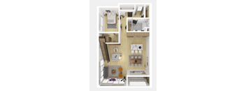 a bedroom with a bed and a chair in a room