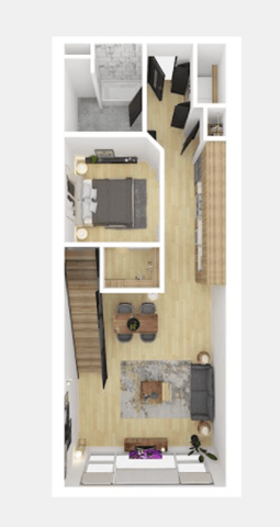 a bedroom with a bed and a chair in a room