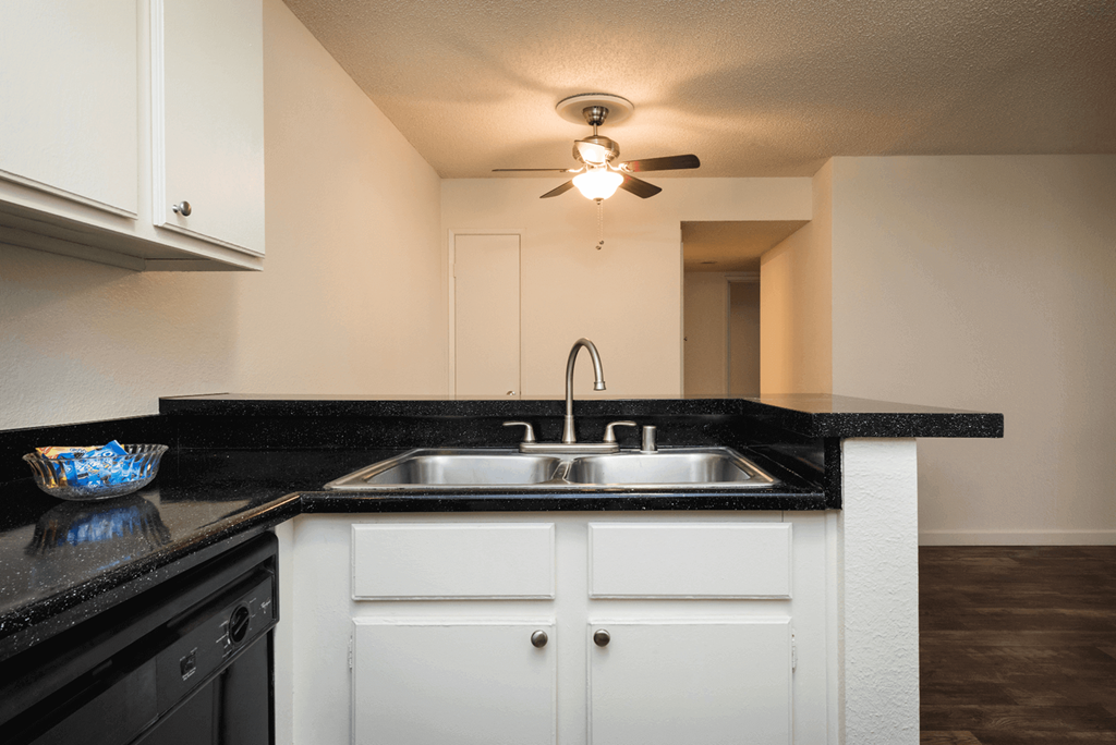 a kitchen with a sink and a ceiling fan