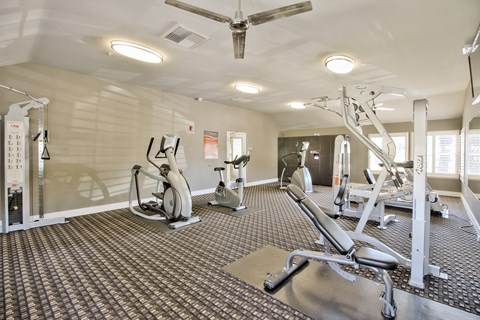 A gym with a variety of equipment including treadmills, weights, and a fan.