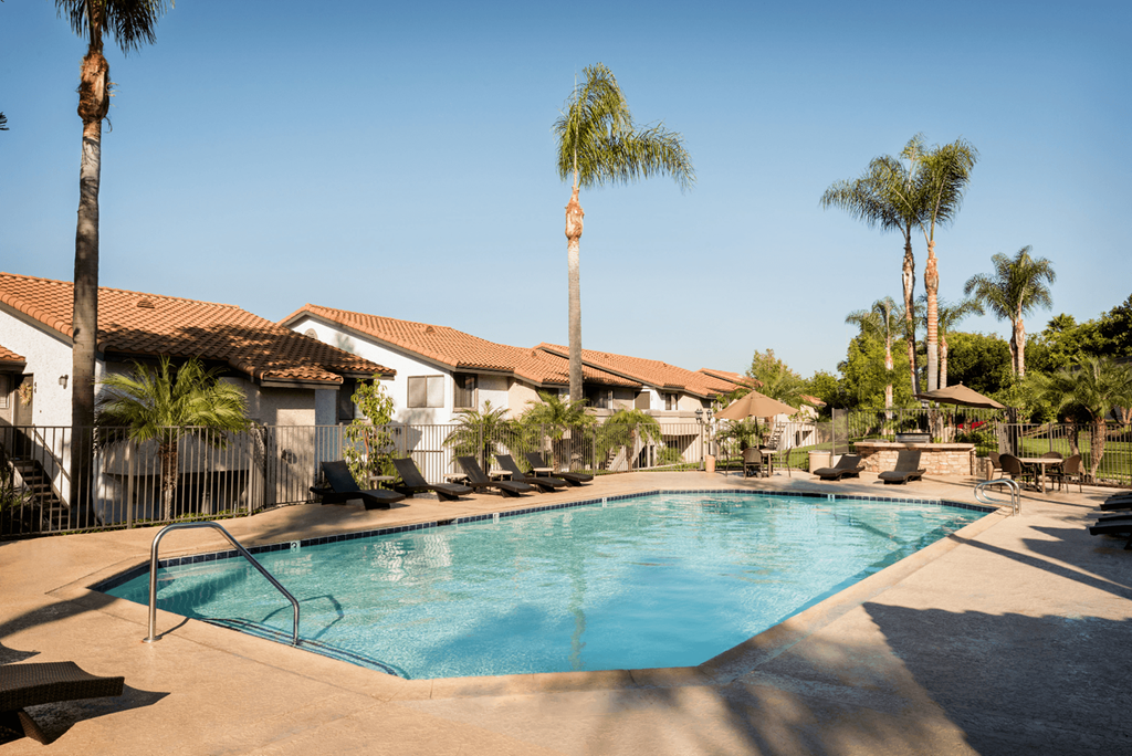 a swimming pool with lounge chairs and palm trees in the background