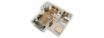 A 3D floor plan of a house with a kitchen, living room, dining room, and two bedrooms.