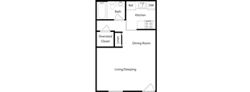 A diagram showing an apartment of a house with labeled rooms such as Bath, Kitchen, Dining Room, Living/Sleeping, and Closet.