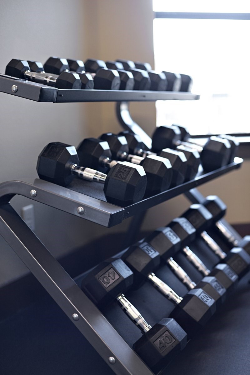 A set of dumbbells on a rack in a gym.