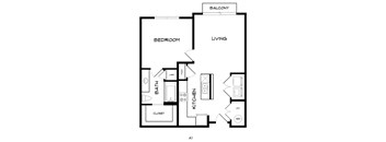 A black and white image of a floor plan of a one bedroom apartment.